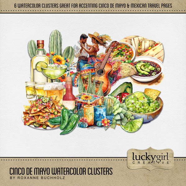 Add these beautiful watercolor clusters by Lucky Girl Creative digital art to all your digital scrapbooking pages to help you celebrate Cinco De Mayo, Taco Tuesday, and the Day of the Dead with style! Great for vacations to Mexico, Arizona, New Mexico, and Texas, too! Embellishments include nachos, hot sauce, jalapeño, guacamole, guitar, taco, quesadilla, cactus, margarita, tequila, salsa, candles, and succulents. This kit is included in the Cinco de Mayo Watercolor Bundle.