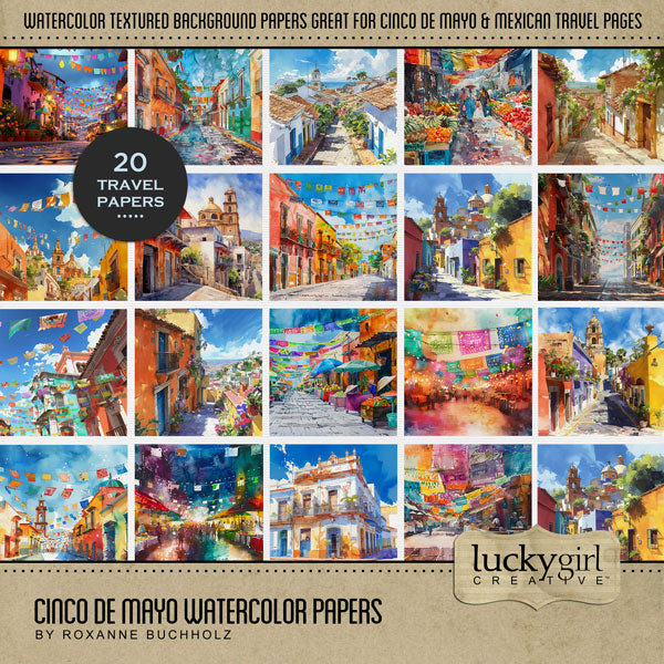 Add these beautiful city street and downtown background papers by Lucky Girl Creative digital art to all your digital scrapbooking pages to help you celebrate Cinco De Mayo, Taco Tuesday, and the Day of the Dead with style! Great for vacations to Mexico, Arizona, New Mexico, and Texas, too! This kit is included in the Cinco de Mayo Watercolor Bundle.