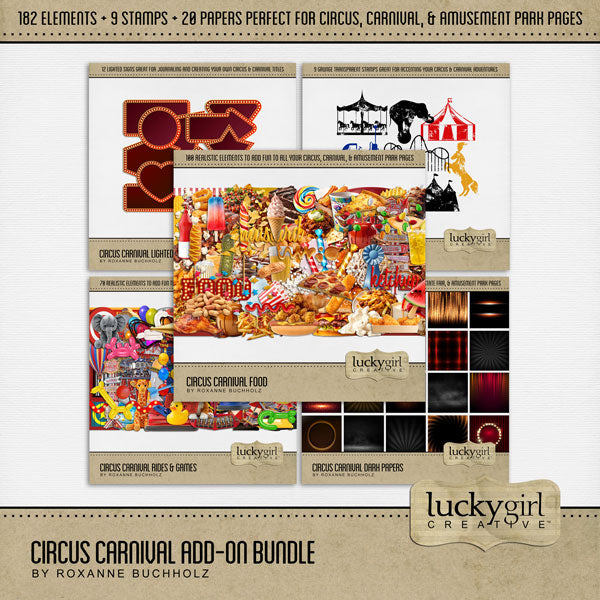The circus is in town! Have fun celebrating your latest circus and carnival adventures with this realistic digital scrapbooking bundle by Lucky Girl Creative digital art filled with bright embellishments, dark papers, lighted retro signs, grunge stamps, and more! Great for county fairs and state fair pages, too!