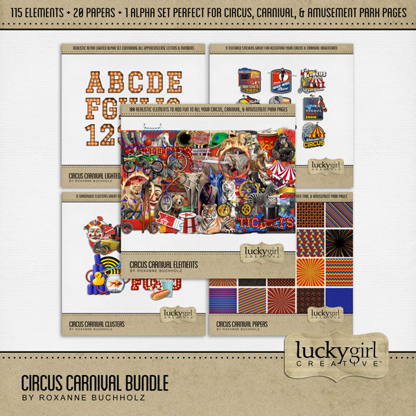 The circus is in town! Have fun celebrating your latest circus and carnival adventures with this realistic digital scrapbooking bundle by Lucky Girl Creative digital art filled with bright embellishments, papers, stickers, a retro lighted alpha set, and stickers! Great for county fairs and state fair pages, too! Embellishments include animals, bear, cheetah, elephant, horse, lion, lioness, monkey, chimpanzee, white tiger, tiger, zebra, balance board, ball, balloon animal, ringmaster, and more.