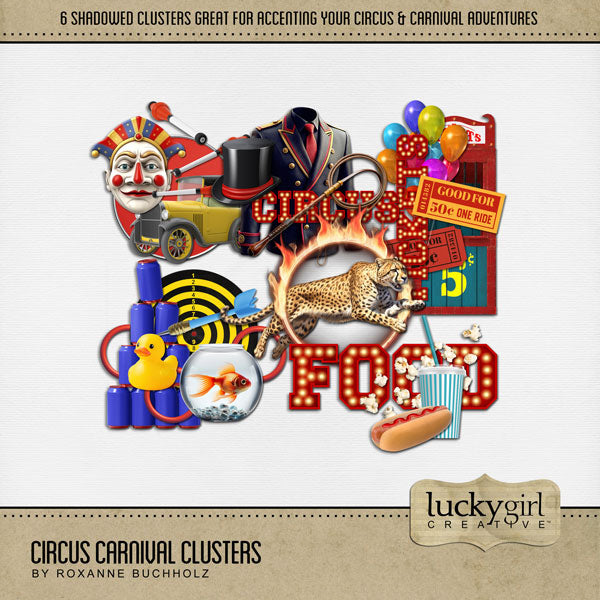 The circus is in town! Have fun celebrating your latest circus and carnival adventures with this digital scrapbooking kit by Lucky Girl Creative filled with shadowed clusters to accent your favorite photos and pages! Cluster embellishments include clowns, ringmaster, ticket booth, balloons, cheetah jumping through ring of fire, food, amusement park games, and more! This kit is included in the Circus Carnival Bundle.