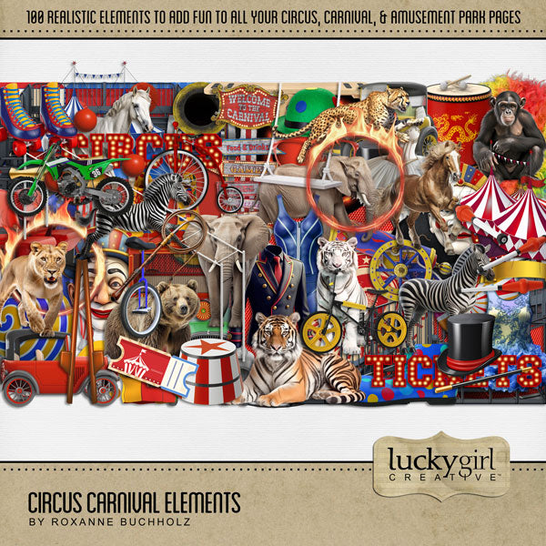 The circus is in town! Have fun celebrating your latest circus and carnival adventures with this digital scrapbooking kit by Lucky Girl Creative digital art filled with realistic animals, 3-ring circus acts, and more! Embellishments include animals, bear, cheetah, elephant, horse, lion, lioness, monkey, chimpanzee, white tiger, tiger, zebra, balance board, ball, balloon animal, bleachers, grandstands, ringmaster, BMX bike, bicycle, bowler hat, cannon, sign, Chinese drum, aerial, highwire, clown, and more.