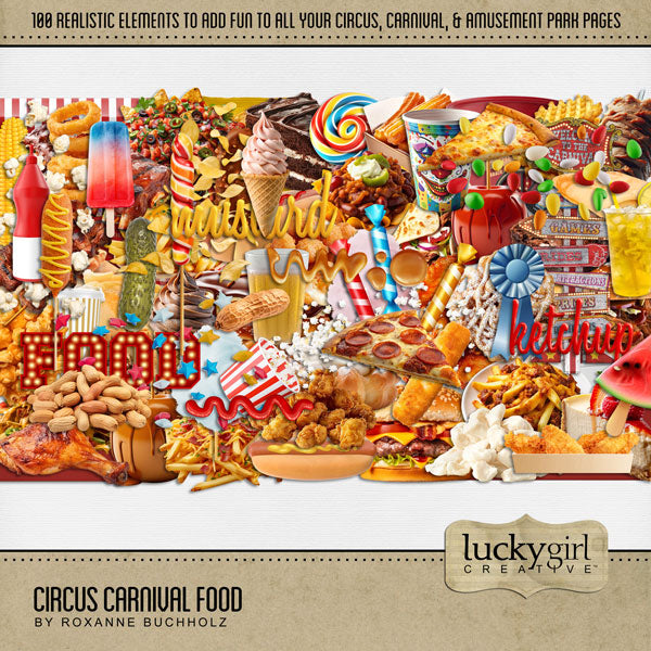 The circus is in town! Have fun celebrating your latest circus, carnival, and amusement park adventures with this digital scrapbooking kit by Lucky Girl Creative digital art filled with realistic food and drinks to accent your favorite photos! Great for county fair and state fair pages, too! Embellishments include candy apple, caramel apple, chicken wings, BBQ ribs, barbeque sandwich, pulled pork, chocolate brownie, chocolate cake, rock candy, candy scatters, lollipop, sucker, candy, cheese curds, and more.