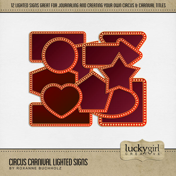 The circus is in town! Have fun celebrating your latest circus and carnival adventures with this digital scrapbooking kit filled with lighted signs to fill with your own scrapbooking titles and journaling. Shapes include square, rectangle, heart, star, arrow, oval, circle, pentagon, triangle, and hexagon. This kit is included in the Circus Carnival Add-On Bundle.
