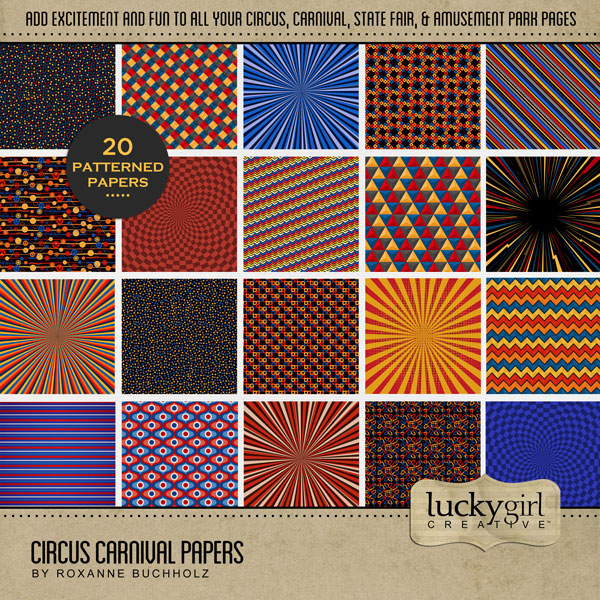 The circus is in town! Have fun celebrating your latest circus and carnival adventures with this digital scrapbooking paper pack by Lucky Girl Creative digital art filled with brightly colored and patterned background papers allowing your photos to pop off the page. This kit is included in the Circus Carnival Bundle.