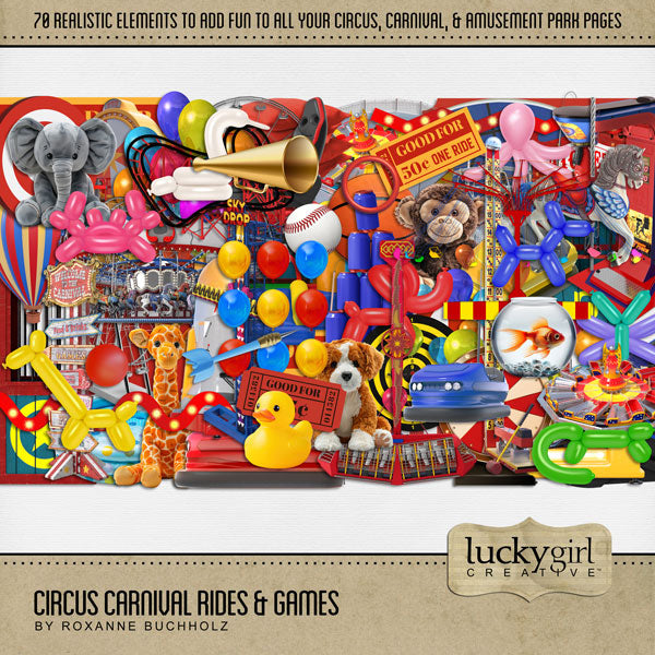The circus is in town! Have fun celebrating your latest circus, carnival, and amusement park adventures with this digital scrapbooking kit by Lucky Girl Creative digital art filled with realistic rides and arcade games to accent your favorite photos! Great for county fair and state fair pages, too! Embellishments include balls, balloons, balloon animals, basketball hoop, bean bags, bumper cars, stacked cans, and more.