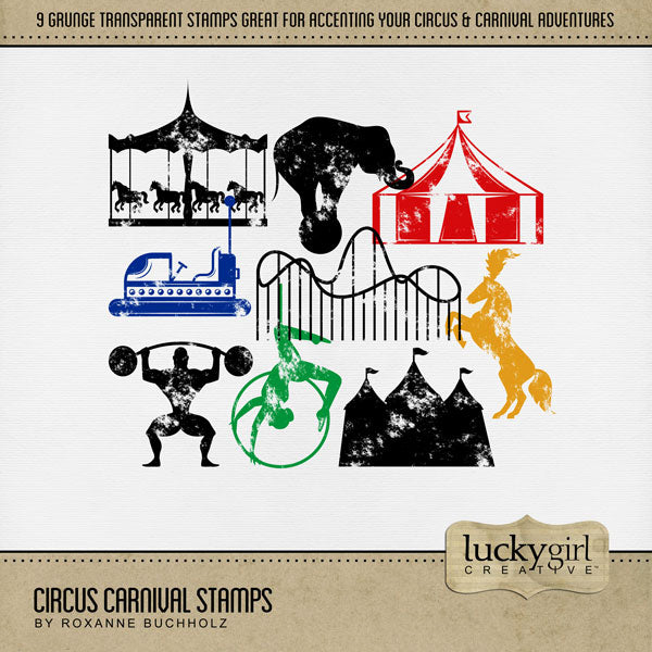 The circus is in town! Have fun celebrating your latest circus and carnival adventures with this digital scrapbooking kit by Lucky Girl Creative digital art filled with grunge stamps that are easily colorized or filled with digital paper to coordinate with your favorite photos! Transparent grunge stamps include a merry-go-round, bumper car, amusement park roller coaster, show horse, tent, circus tent, elephant, strong man, and aerialist. This kit is included in the Circus Carnival Add-On Bundle.