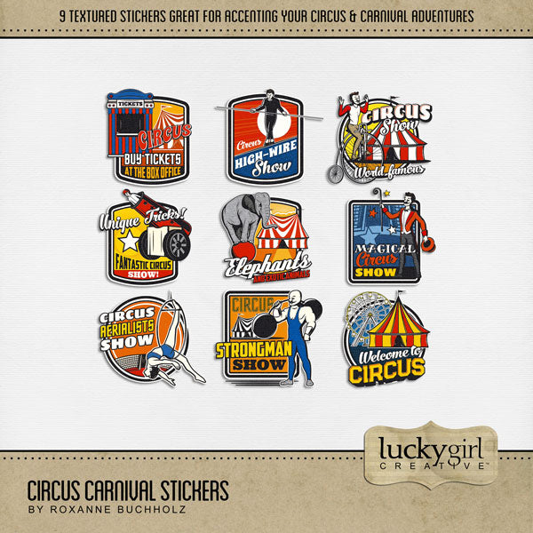 The circus is in town! Have fun celebrating your latest circus and carnival adventures with this digital scrapbooking kit by Lucky Girl Creative digital art filled with stickers to accent your favorite photos! Sticker embellishments include a strong man, aerialist, ticket booth, high wire act, shooting man out of a cannon, elephants, magic show, circus, and Ferris wheel. This kit is included in the Circus Carnival Bundle.