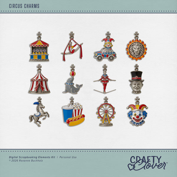 Step right up and document your memories with these fun circus charms by Crafty Clover digital art! Great for themed birthday parties, carnivals, and school festivals, too! Charm embellishments include aerial acrobat, silks, carnival game, circus tent, clown, Ferris Wheel, food, hot dog, popcorn, soda, horse, lion, ringmaster, seal, and tightrope walker. This kit is NOT included in any bundle.