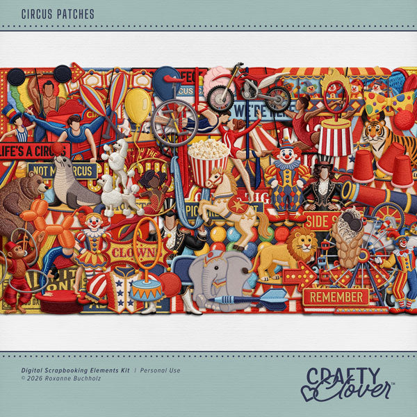 Step right up and document your memories with these fun embroidered circus patches by Crafty Clover digital art! Great for themed birthday parties, carnivals, and school festivals, too! Embellishments include aerial acrobat, silks, carnival game, circus tent, clown, Ferris Wheel, food, hot dog, popcorn, soda, horse, lion, ringmaster, seal, tightrope walker, unicycle, bear, elephant, tiger, arrow, ball, balloon animal, balloon, button, cage, canon, clown bus, costume, wig, disguise, juggler, dog tricks