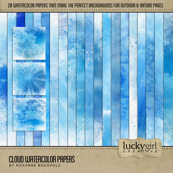 These beautiful watercolor cloud digital art papers by Lucky Girl Creative are the perfect background for any project. Perfect for travel pages, airline adventures, and air shows.