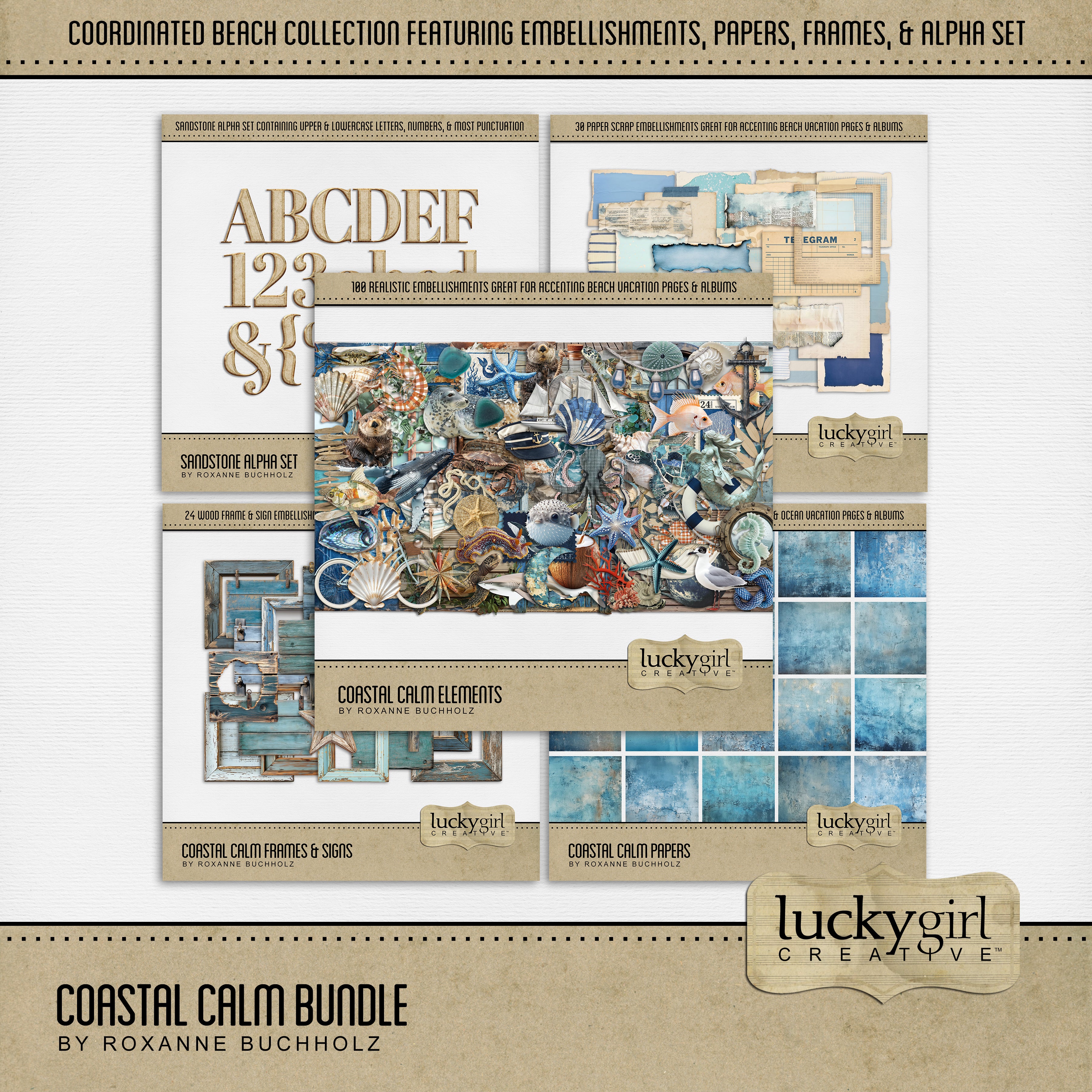 Peaceful and calm, these coastal inspired embellishments, papers, and alpha set by Lucky Girl Creative digital art will add a warm touch to all your digital scrapbooking pages. Perfect for beach vacations, sailing and fishing adventures, trips to the seaside, ocean adventures, and even the aquarium with delightful sea life. Embellishments include seagull, crab, crab trap, puffer fish, fish, otter, sea slug, seahorse, seal, shark, whale, beach chair, lounge chair, beach, ocean, coast, sea, coastal, decor