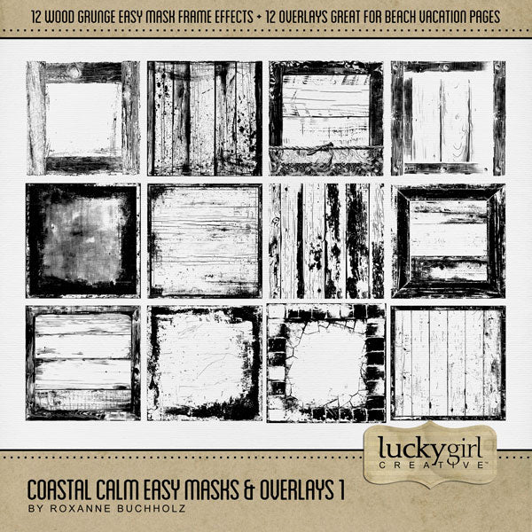 Love distressed wood backgrounds? Now you can create your own with these Enhanced Digital Art Easy Mask Frame Effects and Overlay Embellishments by Lucky Girl Creative digital art for digital scrapbooking. Perfect for beach vacations, western and farm pages, and so much more! With 12 unique grunge wood textures, these designs can be used as is, filled with paper, colorized, or used as Blend effects. Now you can design your own backgrounds! Make subtle or bold - the choice is yours! 