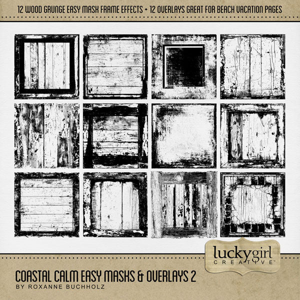 Love distressed wood backgrounds? Now you can create your own with these Enhanced Digital Art Easy Mask Frame Effects and Overlay Embellishments by Lucky Girl Creative digital art for digital scrapbooking. Perfect for beach vacations, western and farm pages, and so much more! With 12 unique grunge wood textures, these designs can be used as is, filled with paper, colorized, or used as Blend effects. Now you can design your own backgrounds! Make subtle or bold - the choice is yours! 