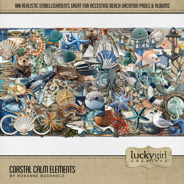 Peaceful and calm, these coastal inspired embellishments by Lucky Girl Creative digital art will add a warm touch to all your digital scrapbooking pages. Perfect for beach vacations, sailing and fishing adventures, trips to the seaside, ocean adventures, and even the aquarium with delightful sea life. Embellishments include seagull, crab, crab trap, puffer fish, fish, otter, sea slug, seahorse, seal, shark, whale, beach chair, lounge chair, beach, ocean, coast, sea, coastal, decor, umbrella, bench, bicycle,