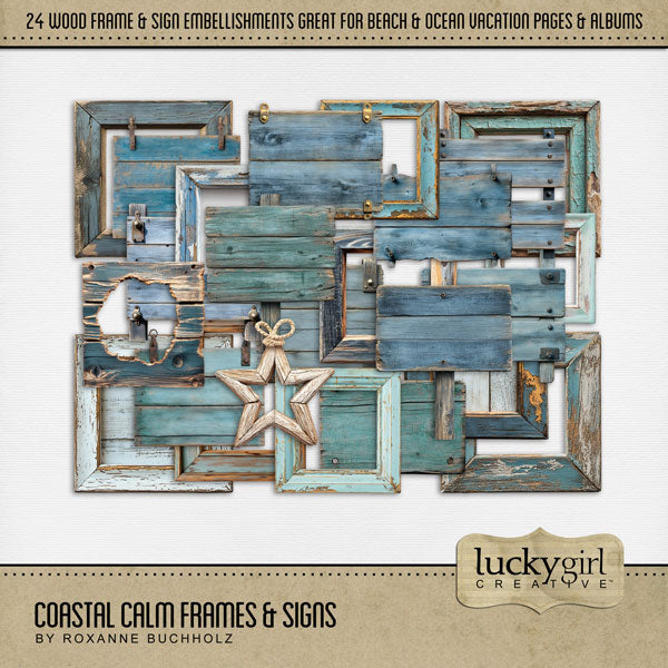 Peaceful and calm, these coastal distressed wood frames and signs by Lucky Girl Creative digital art will add a warm touch to all your digital scrapbooking pages. Perfect for beach vacations, sailing and fishing adventures, trips to the seaside, ocean adventures, and even the aquarium with delightful sea life. This kit is included in the Coastal Calm Bundle.