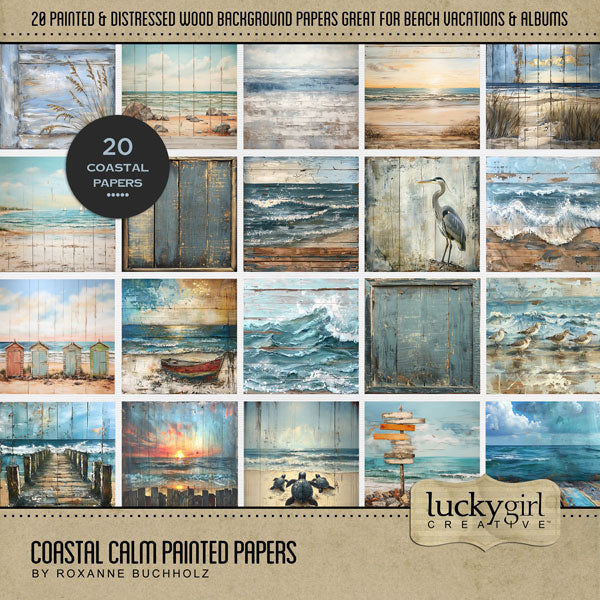 Peaceful and calm, these sea inspired painted background papers by Lucky Girl Creative digital art will add a warm backdrop to all your digital scrapbooking pages. Perfect for beach vacations, sailing and fishing adventures, trips to the seaside, ocean adventures, and even the aquarium with delightful sea life. Scenes include beach, ocean, sand, seagrass, waves, rocks, rowboat, huts, sea turtle, wharf, dock, sandpipers, birds, crane, directional sign, and more. This kit is included in the Coastal Calm Mini 