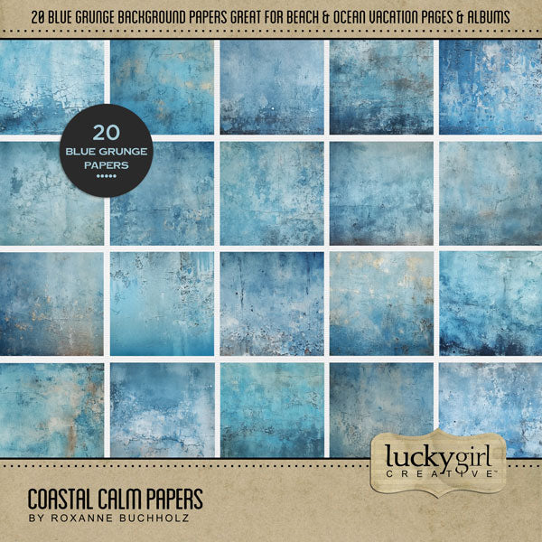 Peaceful and calm, these sea inspired grunge background papers by Lucky Girl Creative digital art for digital scrapbooking will add a warm backdrop to all your digital scrapbooking pages. Perfect for beach vacations, sailing and fishing adventures, trips to the seaside, ocean adventures, and even the aquarium with delightful sea life. This kit is included in the Coastal Calm Bundle.