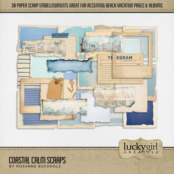 Peaceful and calm, these sea inspired bits of vintage coastal ephemera by Lucky Girl Creative digital art will add a warm touch to all your digital scrapbooking pages. Perfect for beach vacations, sailing and fishing adventures, trips to the seaside, ocean adventures, and even the aquarium with delightful sea life. This kit is included in the Coastal Calm Bundle.