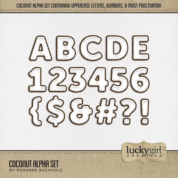Showcase your favorite pie recipes, cookbook favorites, desserts, cocktails, and tropical summer vacation activities with these fun digital scrapbooking alphabet letters, numbers, and punctuation by Lucky Girl Creative digital art great for creating one-of-a-kind page titles. This alpha set consists of a full set of digital art uppercase letters A-Z, numbers 0-9, and most punctuation. This alpha set is available as individual embellishments only.