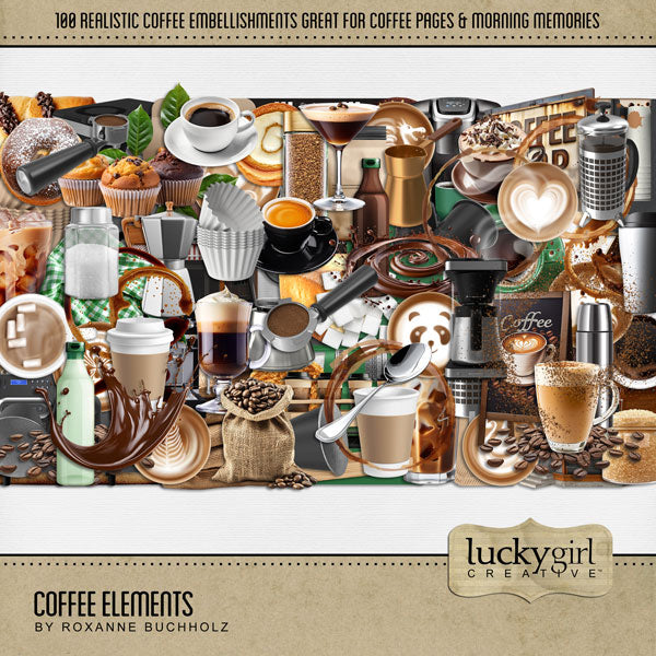 Cozy up your digital scrapbooking pages with these realistic coffee-inspired embellishments by Lucky Girl Creative digital art. Great for coffee shops, time with girlfriends, morning coffee, and more! Embellishments include apron, cookie, bakery, bread loaf, donut, pastry, hot cocoa, hot chocolate, beverage, coffee cup, coffee mug, iced coffee, drink, bottle, table, cafe, chocolate, splash, coffee bag, coffee beans, branch, cappuccino, latte, coffee cart, disposable cup, coffee filter, cup lid, espresso.