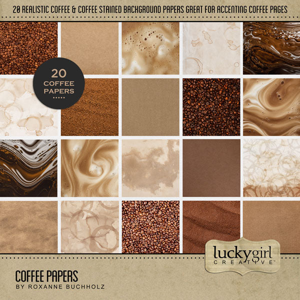 Cozy up your digital scrapbooking pages with these coffee-inspired background papers by Lucky Girl Creative digital art. Great for coffee shops, time with girlfriends, morning coffee, travel to Europe, and more! Embellishments include coffee stained papers, liquid, coffee, latte, coffee beans, foam, cork, burlap, leather, and more. This kit is included in the Coffee Bundle.