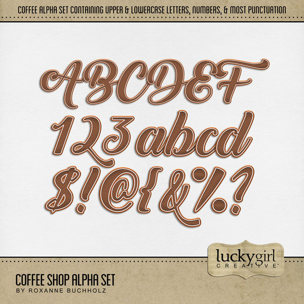 Cozy up your digital scrapbooking page titles with this tasty coffee-inspired alpha set! Great for coffee shops, time with girlfriends, morning coffee, travel to Europe, and more! The alpha set consists of a full set of digital art uppercase alphabet letters A-Z, lowercase letters a-z, numbers 0-9, and most punctuation marks. This alpha set is available as individual embellishments only. This kit is included in the Coffee Alpha Bundle.
