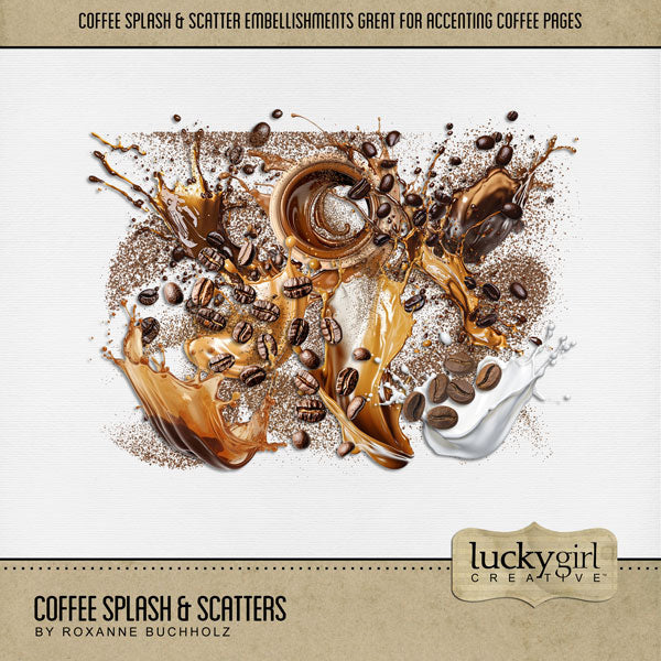 Cozy up your digital scrapbooking pages with these coffee splash and scatter embellishments by Lucky Girl Creative digital art. Great for coffee shops, time with girlfriends, morning coffee, travel to Europe, and more! Embellishments include coffee beans, coffee, liquid, splash, coffee grounds, coffee grinds, instant coffee, milk, creamer, and more! This kit is included in the Coffee Bundle.
