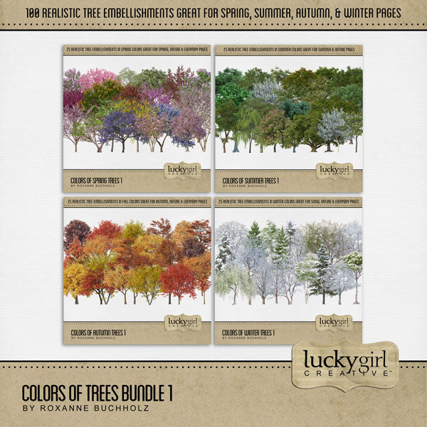 Seasonal trees are perfect for spring, summer, fall / autumn, and winter pages and albums. From tiny buds in spring and leafy green trees in summer to falling autumn leaves and snow covered trees, this digital art collection by Lucky Girl Creative is great for nature pages and even family tree layouts. This bundle includes Colors of Spring Trees 1, Colors of Summer Trees 1, Colors of Autumn Trees 1, and Color of Winter Trees 1.