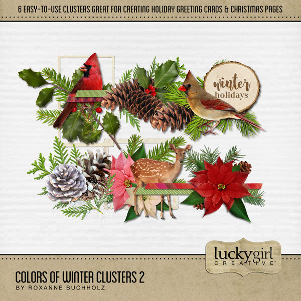 Add these beautiful holiday clusters by Lucky Girl Creative digital art to all your digital scrapbooking pages to easily create memorable holiday greeting cards, seasonal decor, and Christmas pages. This kit is included in the Christmas Clusters 1 Bundle.