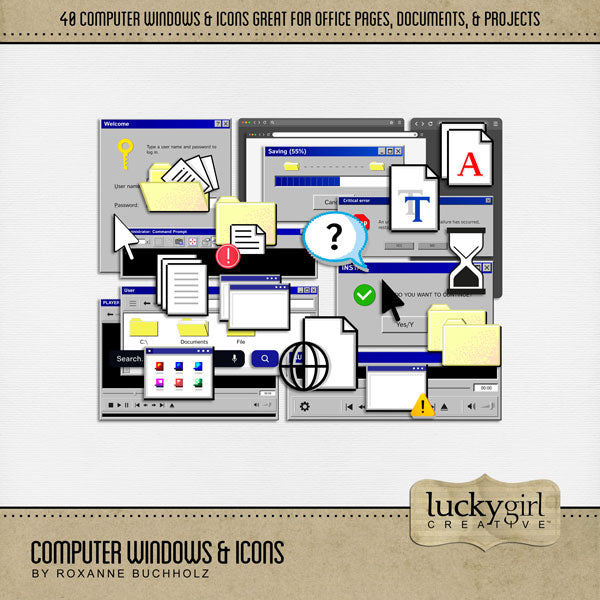 There are so many things going on around an office! From managing and marketing, to hiring and firing, and everything in between. Document what goes on in your business world with these realistic computer windows and icons by Lucky Girl Creative digital art. Great for employees, clients, business owners, sales people, and school projects, too! Embellishments include documents, cursor, arrow, file folder, hourglass, Fonts, Internet Browser, Notepad, Organization chart, Search, Shortcut, Text, Warning, Delete