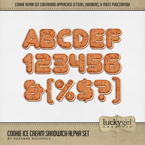 Showcase your favorite desserts and summer memories with these fun digital scrapbooking alphabet letters, numbers, and punctuation by Lucky Girl Creative digital art great for creating one-of-a-kind digital scrapbooking page titles. Great for sweet treats and hot summer days! This alpha set consists of a full set of digital art uppercase letters A-Z, numbers 0-9, and most punctuation. This alpha set is available as individual embellishments only. This Alpha Set is NOT included in any bundle.