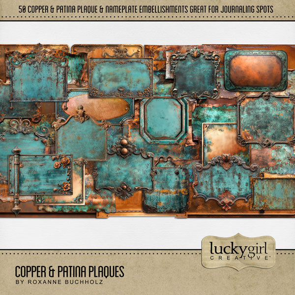 Right on trend for the fall and autumn season, these beautiful copper and patina metal plaques by Lucky Girl Creative digital art are great for accenting digital scrapbooking page titles or adding journaling spots. Great for historic sites and genealogy, too! This kit is included in the Copper & Patina Bundle.