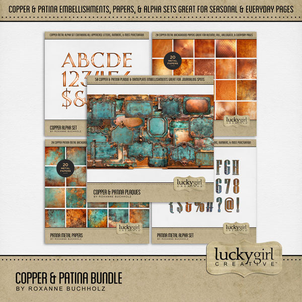 Right on trend for the fall and autumn season, this digital scrapbooking collection in copper and patina by Lucky Girl Creative digital art will accent your pages perfectly. Great for historic sites and genealogy, too!