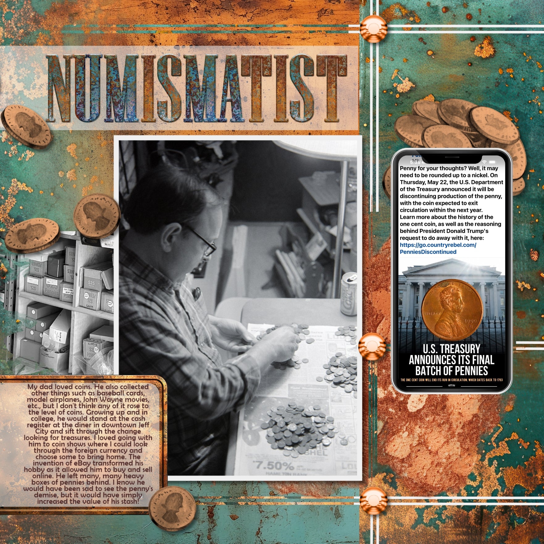 Right on trend for the fall and autumn season, this digital scrapbooking collection in copper and patina by Lucky Girl Creative digital art will accent your pages perfectly. Great for historic sites and genealogy, too!