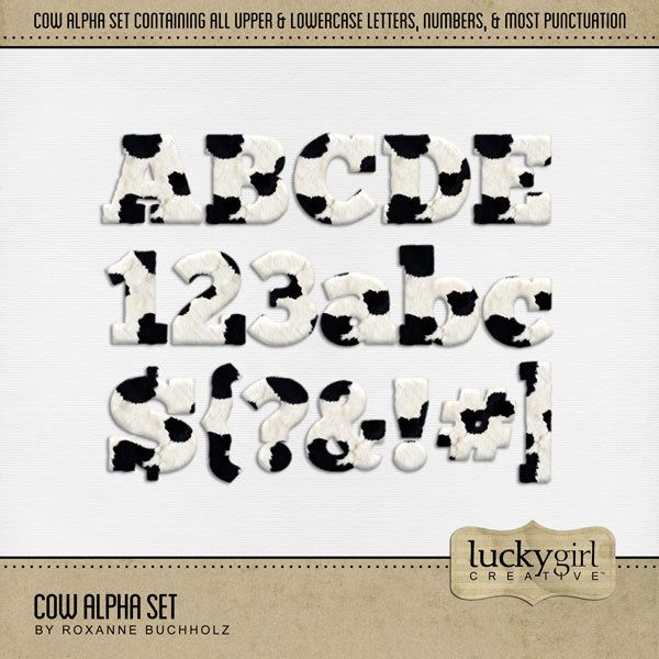 These black and white cow hair alphabet, number, and punctuation mark digital scrapbooking embellishments by Lucky Girl Creative digital art are easy to use for digital scrapbook page titles. Great for farm, ranch, petting zoo, and more! The alpha set consists of a full set of digital art uppercase alphabet letters A-Z, lowercase alphabet letters a-z, numbers 0-9, and most punctuation marks. This alpha set is available as individual embellishments only. This kit is included in the Farm Alpha Bundle.