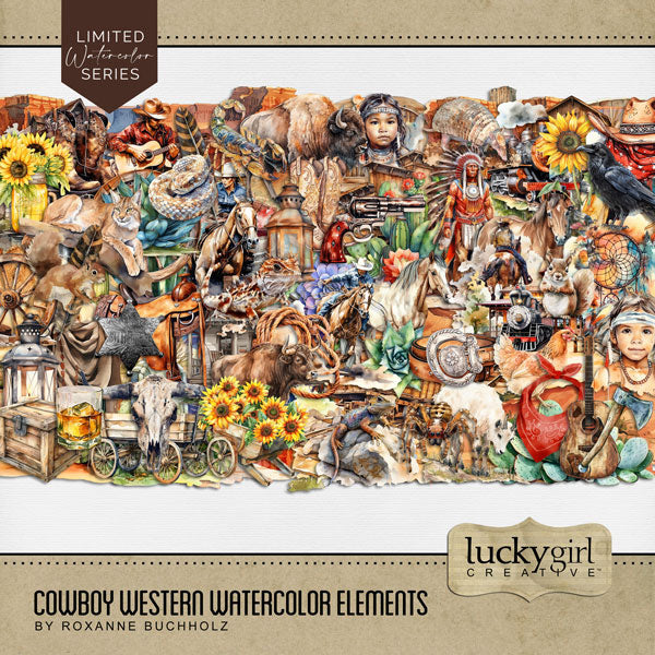 These watercolor digital scrapbooking embellishments by Lucky Girl Creative digital art are easy to use for western-inspired digital scrapbook pages including travels to the Southwest (Arizona, Colorado, Utah, Nevada, New Mexico), cowboy and cowgirl dances and hoedowns, rodeo and ranch events, ghost towns, vacations to the desert, Mexico, Nashville, Wild West, and so much more! Embellishments include armadillo, bird, crow, buffalo, bison, tarantula spider, bull, chicken, hen, horse, lizard, lynx, and more.