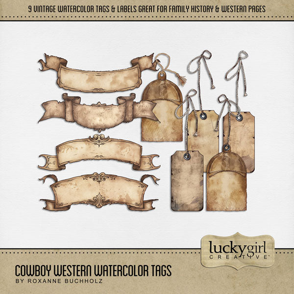 These vintage watercolor digital scrapbooking tag and label embellishments by Lucky Girl Creative digital art are easy to use for western-inspired digital scrapbook pages including travels to the Southwest (Arizona, Colorado, Utah, Nevada, New Mexico), cowboy and cowgirl dances and hoedowns, rodeo and ranch events, ghost towns, vacations to the desert, Mexico, Nashville, Wild West, and so much more! Great for vintage, family history, heritage, and genealogy pages, too!