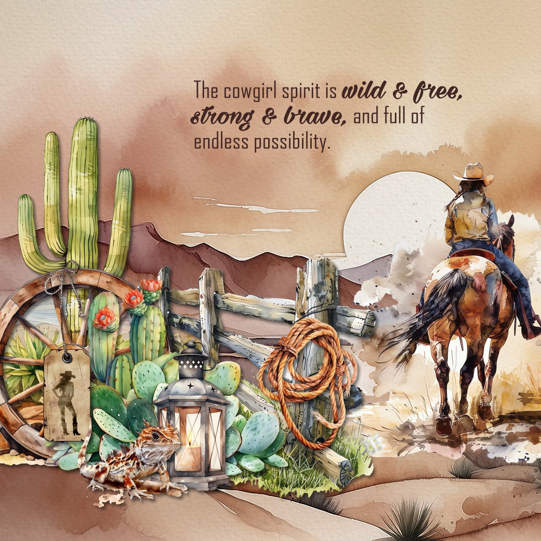 These watercolor digital scrapbooking embellishments, papers, and alpha set by Lucky Girl Creative digital art are easy to use for western-inspired digital scrapbook pages including travels to the Southwest (Arizona, Colorado, Utah, Nevada, New Mexico), cowboy and cowgirl dances and hoedowns, rodeo and ranch events, ghost towns, vacations to the desert, Mexico, Nashville, Wild West, and so much more! Embellishments include armadillo, bird, crow, buffalo, bison, tarantula, bull, chicken, horse, and more.
