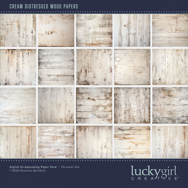 This beautiful grunge wood panel paper pack by Lucky Girl Creative digital art in cream tones will help you create memorable digital scrapbooking pages. Great for beach and ocean as well as everyday pages, too! This kit is included in the Shore Sophistication Bundle 1.
