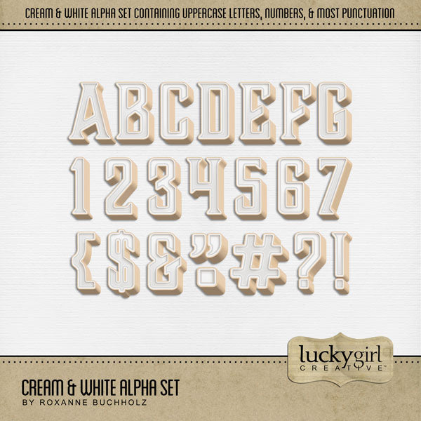 These sweet cream and white alphabet and number digital scrapbooking embellishments by Lucky Girl Creative digital art are easy to use for everyday digital scrapbook page titles and special occasions such as Thanksgiving, fall, autumn, and Canada Day. The Cream & White Alpha Set consists of a full set of digital art uppercase alphabet letters A-Z, numbers 0-9, and most punctuation marks. This alpha set is available as individual embellishments only. This kit is included in the Canadian Sweet Shop Bundle.