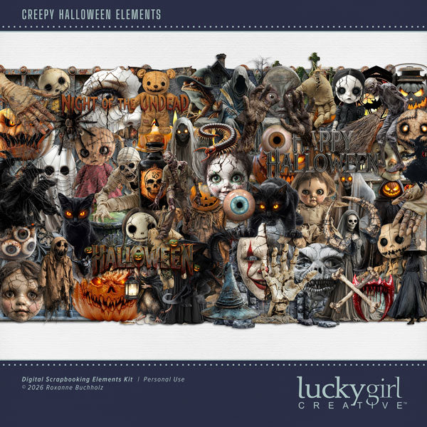Step into the shadows with a Halloween collection filled with creepy charm, eerie details, and wickedly haunted embellishments by Lucky Girl Creative digital art! Whether you're documenting trick-or-treating adventures, haunted house visits, costume parties, spooky decorations, or simply celebrating the darker side of October, this collection gives your pages the perfect dose of Halloween fright and fun. Embellishments include bat, black cat, centipede, spider, spider web, tarantula, mouse, toad, frog, bone