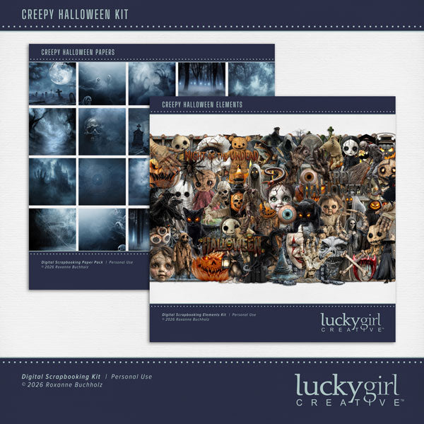 Step into the shadows with a Halloween collection filled with creepy charm, eerie details, and wickedly haunted embellishments and papers by Lucky Girl Creative digital art! This digital scrapbooking kit contains the Creepy Halloween Elements and Creepy Halloween Papers.