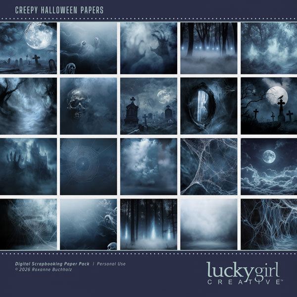 Step into the shadows with a Halloween collection filled with creepy charm, eerie details, and wickedly haunted papers by Lucky Girl Creative digital art for digital scrapbooking! This kit is included in the Creepy Halloween Kit.
