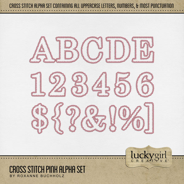 Whether you love to stitch or sew, this alpha set filled with alphabet letters, numbers, and most punctuation will help you document your favorite hobby or pastime - sewing, stitching, do needlework, or crafting. Alpha Sets are the perfect was to create unique digital scrapbooking page titles! This alpha set consists of a full set of digital art uppercase alphabet letters A-Z, numbers 0-9, and most punctuation marks. This alpha set is available as individual embellishments only.