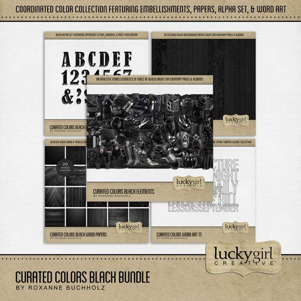 Collect the entire series of Curated Colors by Lucky Girl Creative digital art! Access your digital art in easy-to-use coordinated color palettes. Add these black embellishments, textured and wood papers, alpha set, and everyday wire word art to all your digital scrapbooking page to all your digital scrapbooking pages and mix-and-match them on various projects throughout the year! Black embellishments include bear, animal, dog, Newfoundland, Poodle, Scottie, terrier, fox, goat, kitty cat, panther, and more.