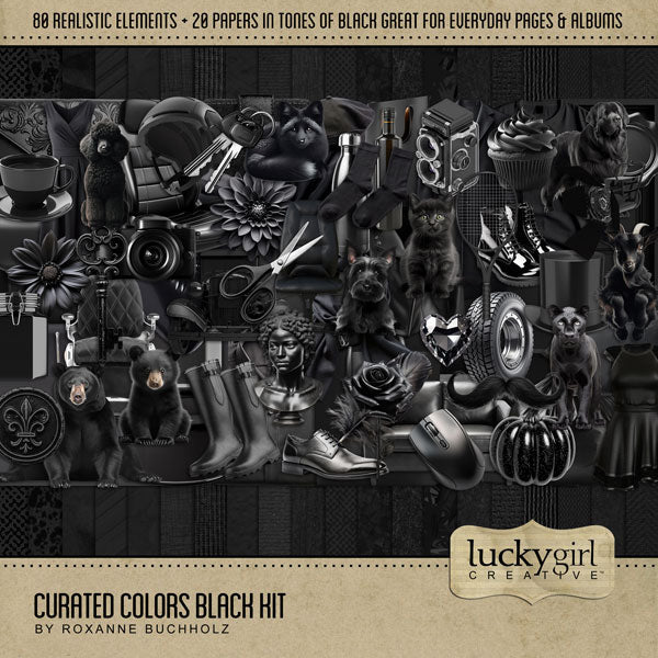 Collect the entire series of Curated Colors by Lucky Girl Creative digital art! Access your digital art in easy-to-use coordinated color palettes. Add these black embellishments and textured papers to all your digital scrapbooking pages and mix-and-match them on various projects throughout the year! Black embellishments include bear, animal, dog, Newfoundland, Poodle, Scottie, terrier, fox, goat, kitty cat kitten, panther, cobra, photographer backdrop, heart, balloon, barber chair, barrel, bench, and more.