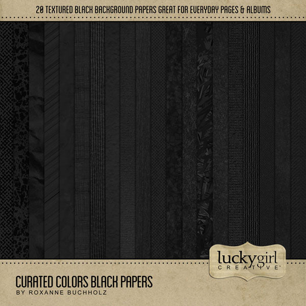 Collect the entire series of Curated Colors by Lucky Girl Creative digital art! Access your digital art in easy-to-use coordinated color palettes. Add these black textured backgrounds to all your digital scrapbooking pages and mix-and-match them on various projects throughout the year! Great for Halloween and New Year's, too. This kit is included in the Curated Colors Black Bundle.