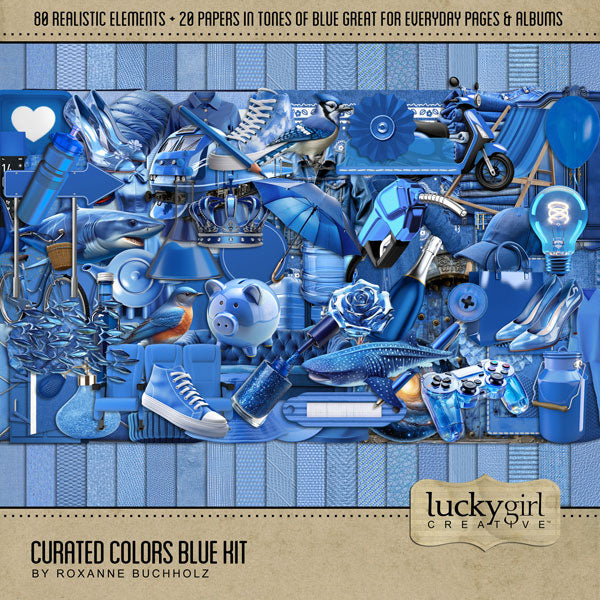 Collect the entire series of Curated Colors! Access your digital art in easy-to-use coordinated color palettes. Add these blue embellishments and papers by Lucky Girl Creative digital art to all your digital scrapbooking pages and mix-and-match them on various projects throughout the year! Embellishments include blue jay, bird, bluebird, school of fish, shark, whale shark, balloon, bandana, handkerchief, banner, flag, beach chair, bicycle, bike, book, bottle, button, and more.