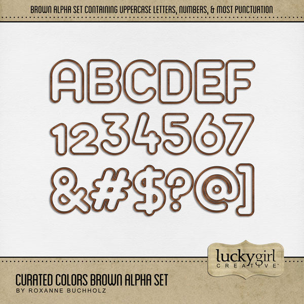 Collect the entire series of Curated Colors by Lucky Girl Creative digital art! Access your digital art in easy-to-use coordinated color palettes. Add these brown letters, numbers, and punctuation to all your digital scrapbooking pages and mix-and-match them on various projects throughout the year! Great for Thanksgiving, fall, and autumn, too! The Curated Colors Brown Alpha Set consists of a full set of digital art uppercase alphabet letters A-Z, numbers 0-9, and most punctuation marks.